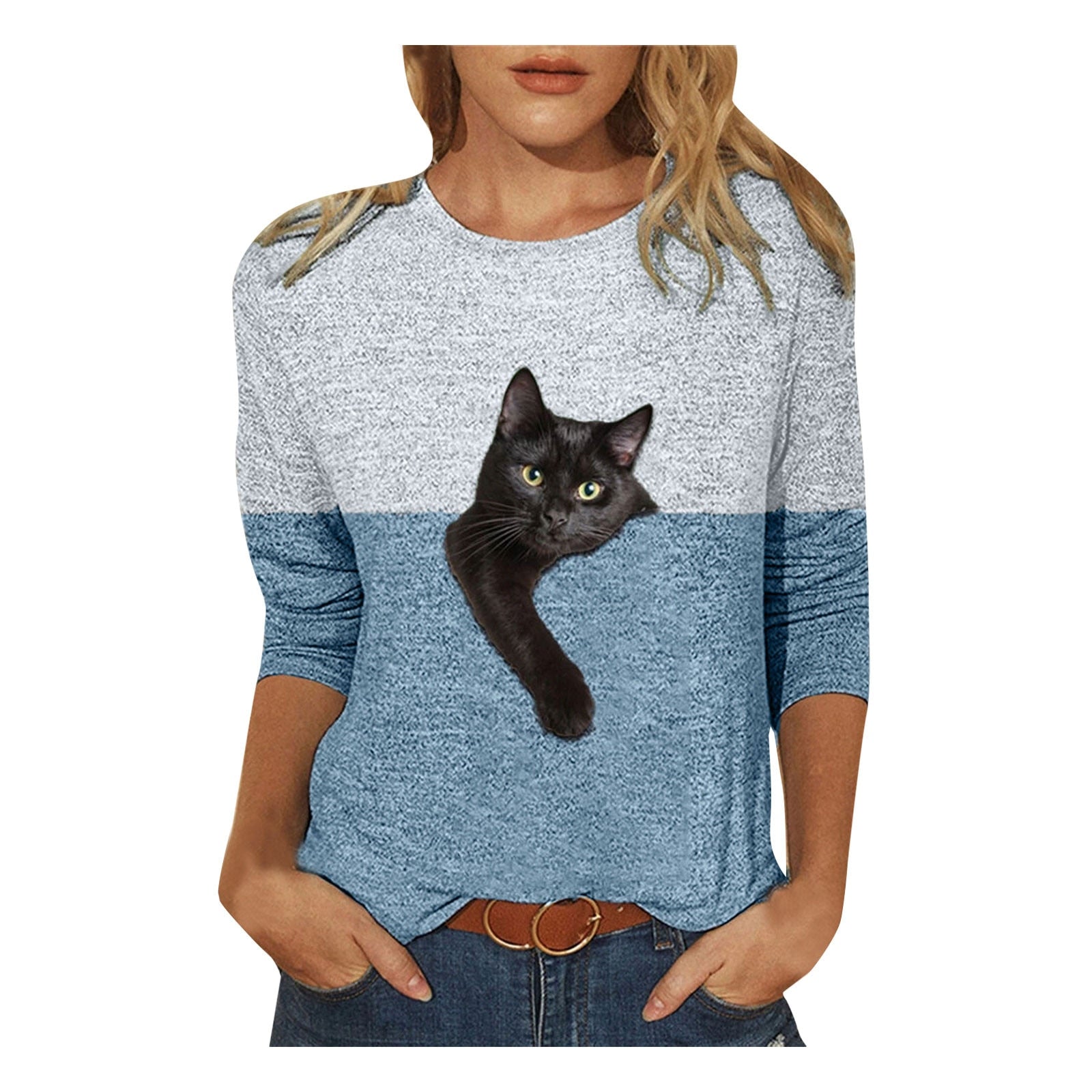 Casual Contrast Color Cat Print Shirts Cotto Blend Long Sleeve Shirt