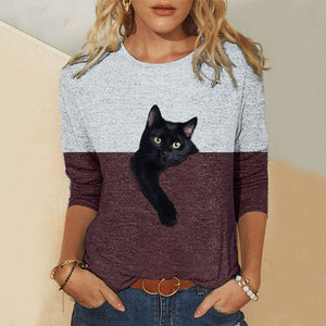 Casual Contrast Color Cat Print Shirts Cotto Blend Long Sleeve Shirt