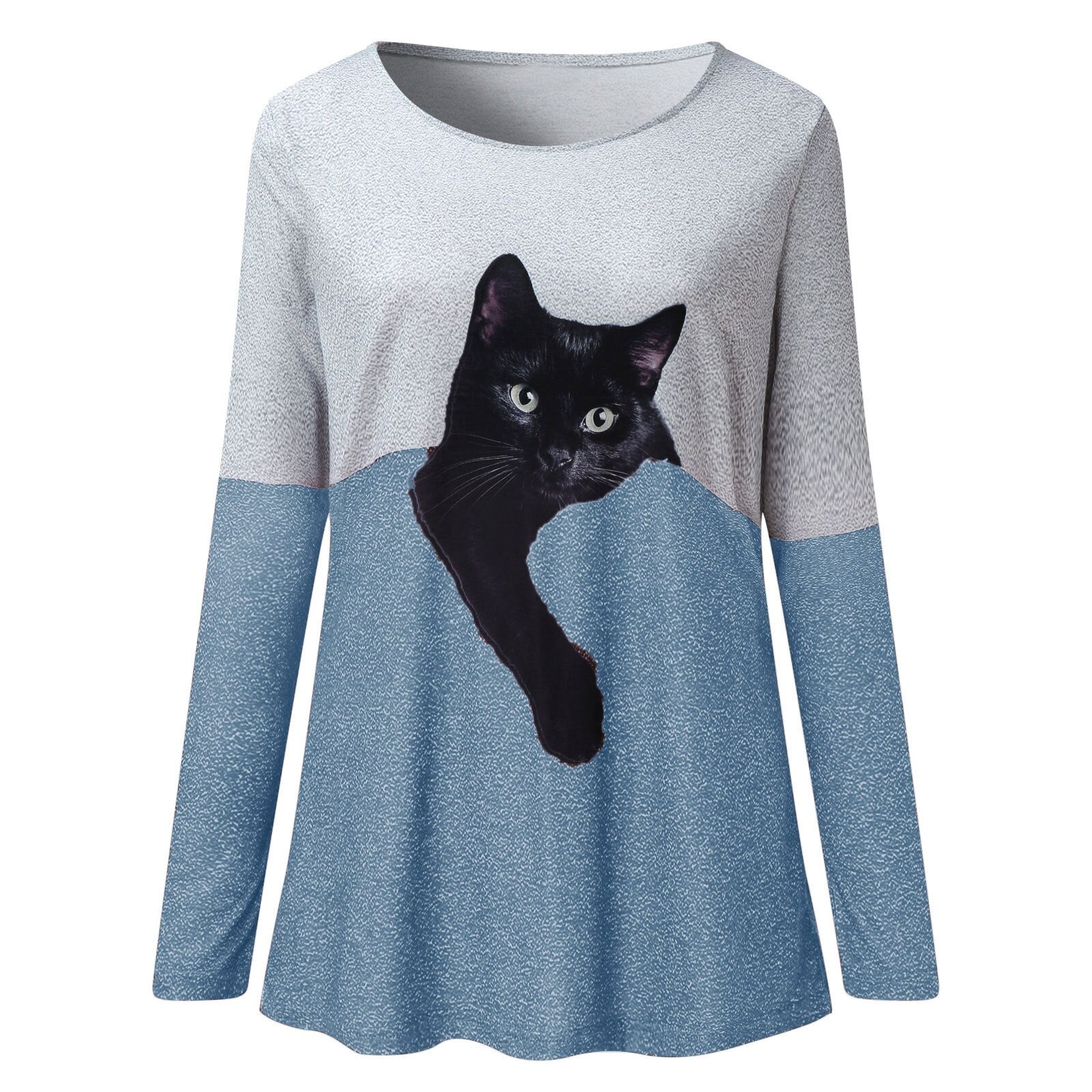 Casual Contrast Color Cat Print Shirts Cotto Blend Long Sleeve Shirt
