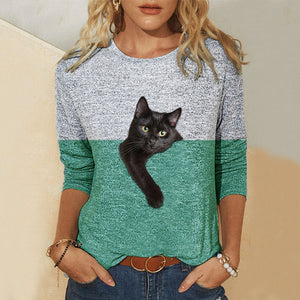 Casual Contrast Color Cat Print Shirts Cotto Blend Long Sleeve Shirt