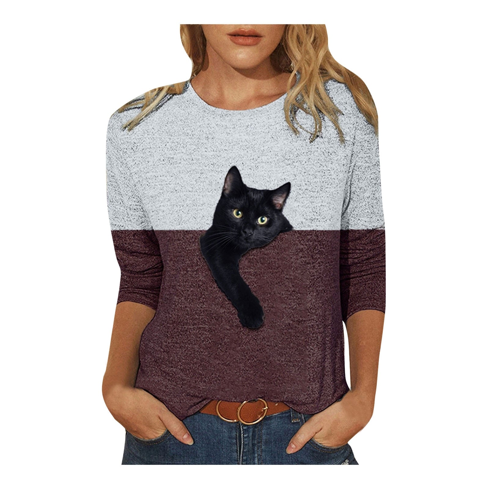 Casual Contrast Color Cat Print Shirts Cotto Blend Long Sleeve Shirt