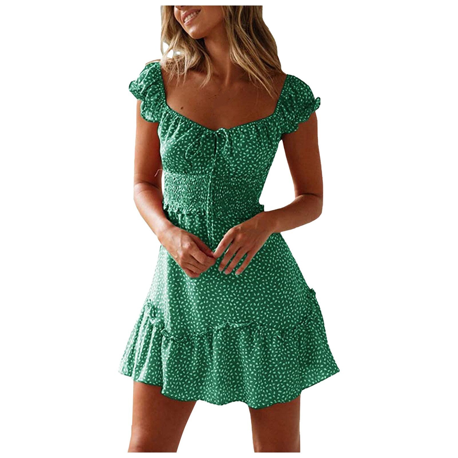 Polka dot print short sleeve pleated dress