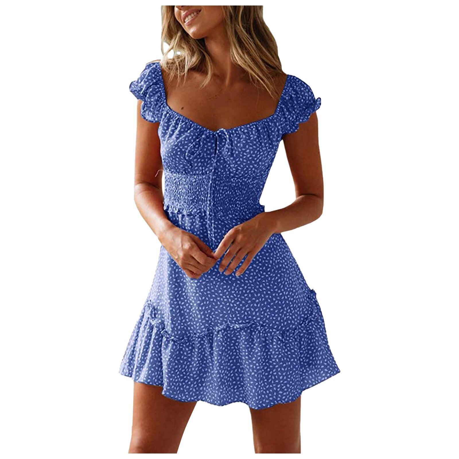 Polka dot print short sleeve pleated dress