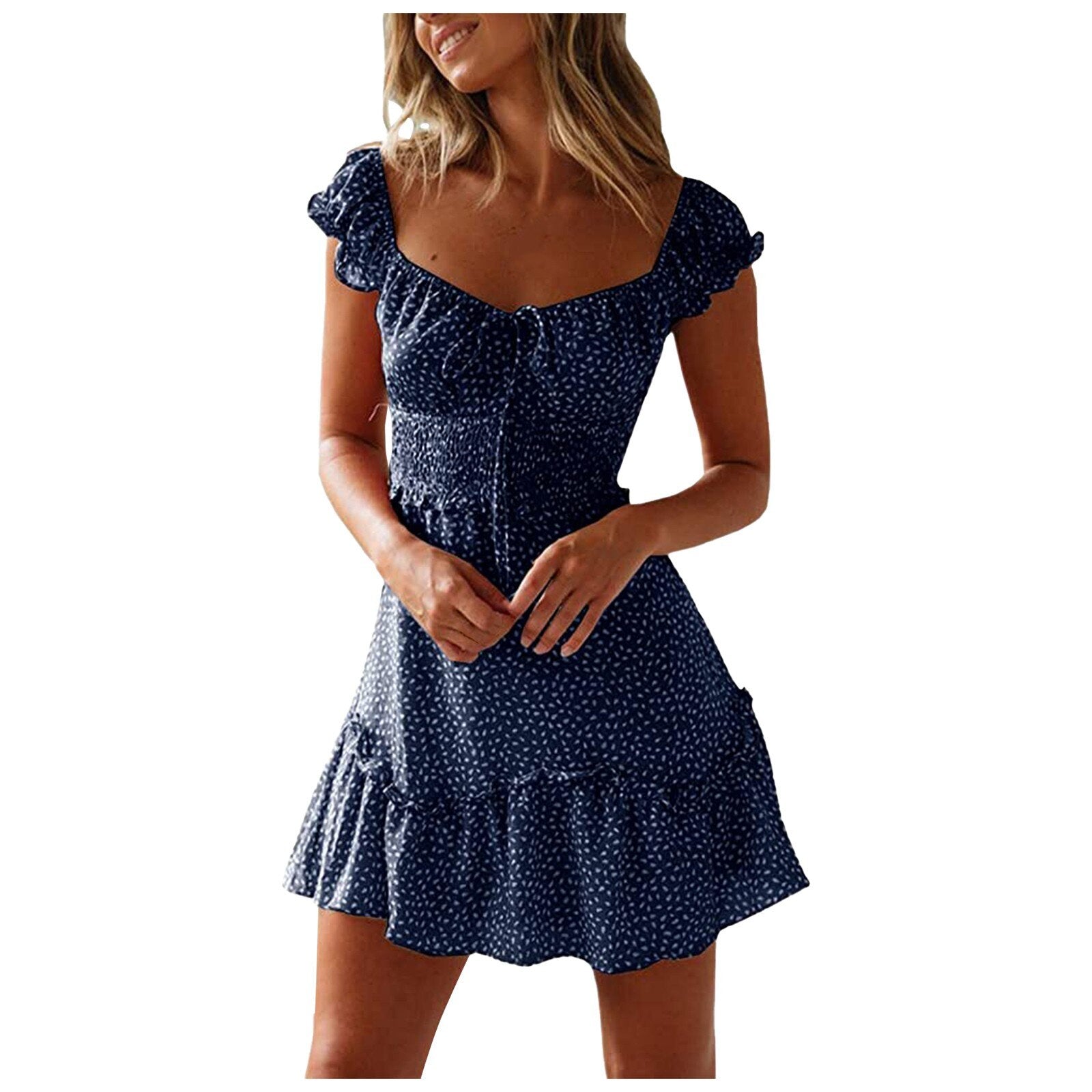 Polka dot print short sleeve pleated dress