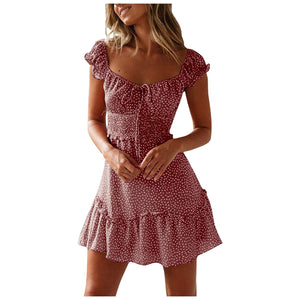 Polka dot print short sleeve pleated dress