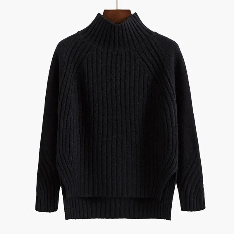 HELIAR Women Solid Mock Neck Loose Pullover Sweaters Knit Split Stripe Jumpers Casual Office Sweater For Women 2023 Fall Winter
