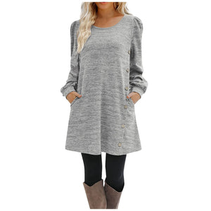 Women's Fashion Round Neck Solid Color Button Long Sleeve Casual Loose Dress
