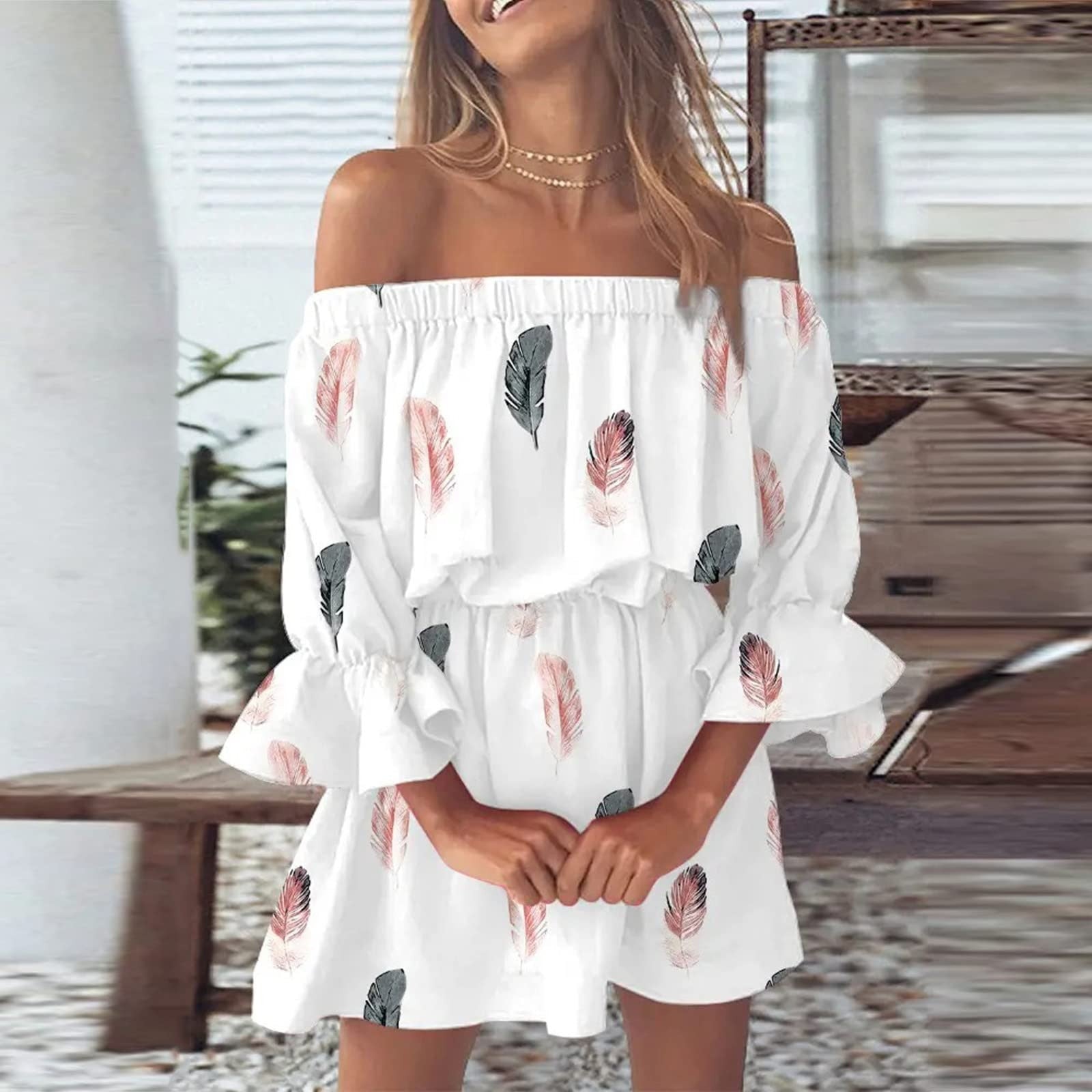 Floral print off shoulder boho dresses