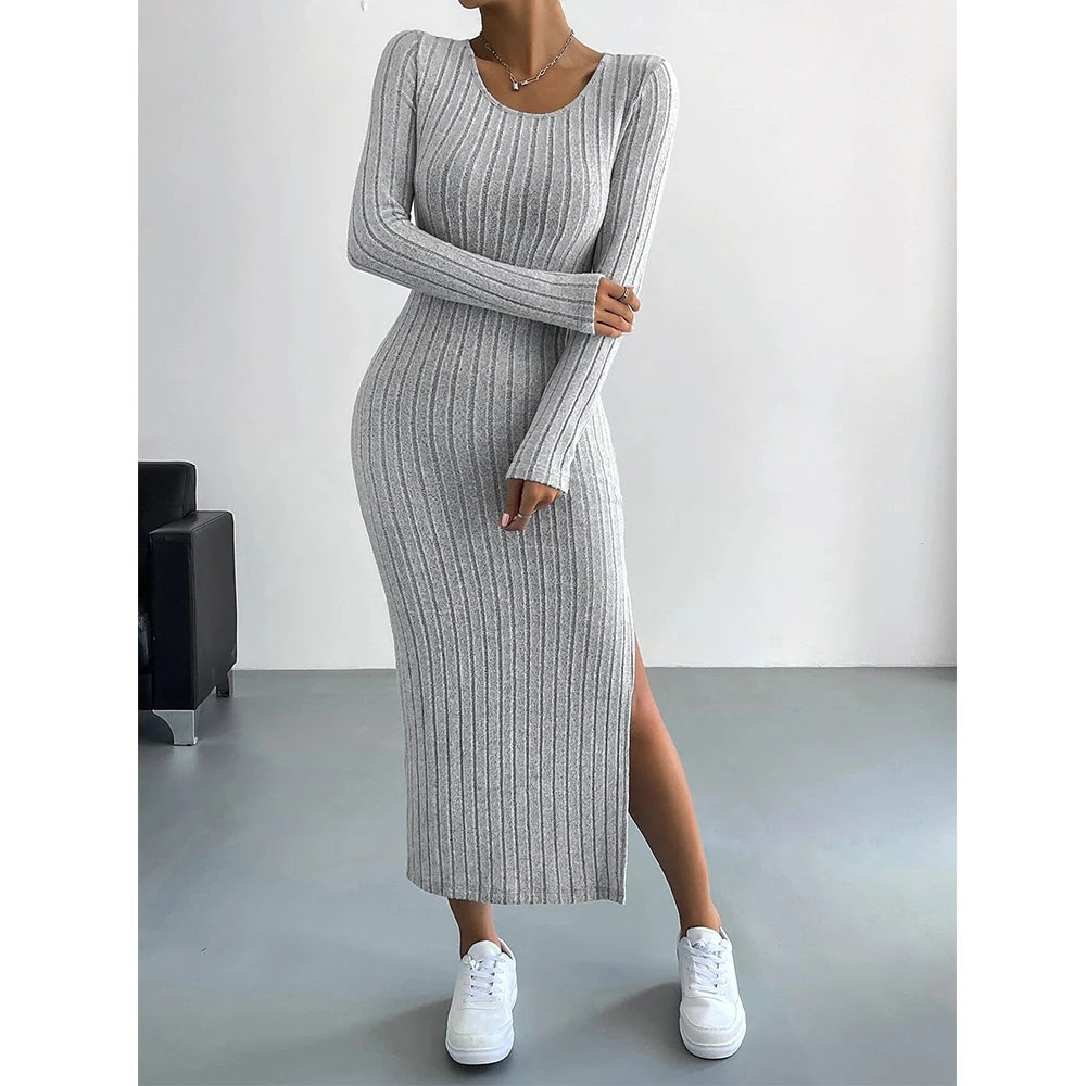 Women's Dresses Autumn Solid Stripe Split Long Sleeve Round Neck Bodycon Full Length Maxi Casual Dresses