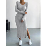Load image into Gallery viewer, Women&#39;s Dresses Autumn Solid Stripe Split Long Sleeve Round Neck Bodycon Full Length Maxi Casual Dresses
