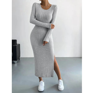 Women's Dresses Autumn Solid Stripe Split Long Sleeve Round Neck Bodycon Full Length Maxi Casual Dresses