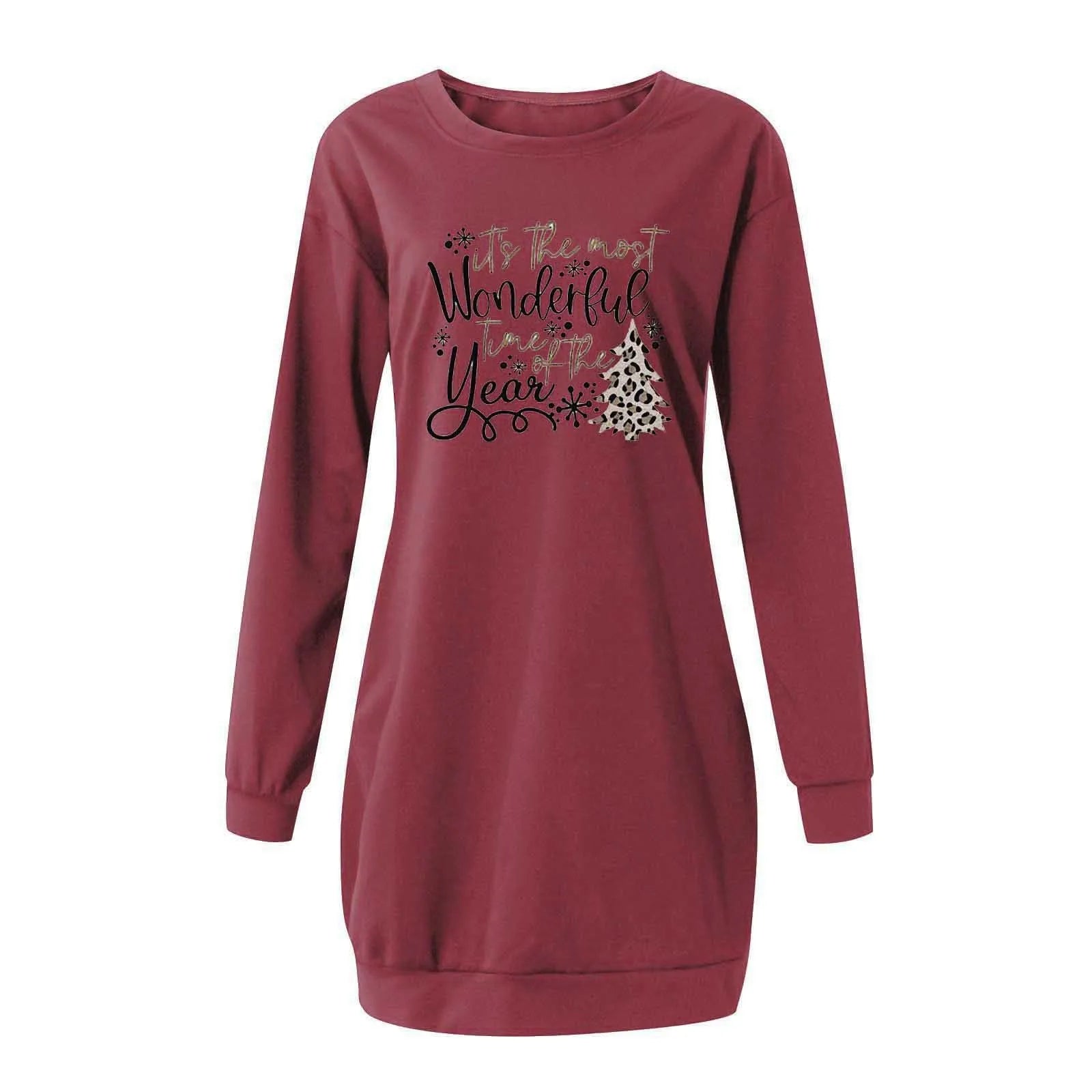 Women's Fashion Christmas Printed Pockets Long Sleeve Pullover Dress