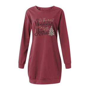 Women's Fashion Christmas Printed Pockets Long Sleeve Pullover Dress