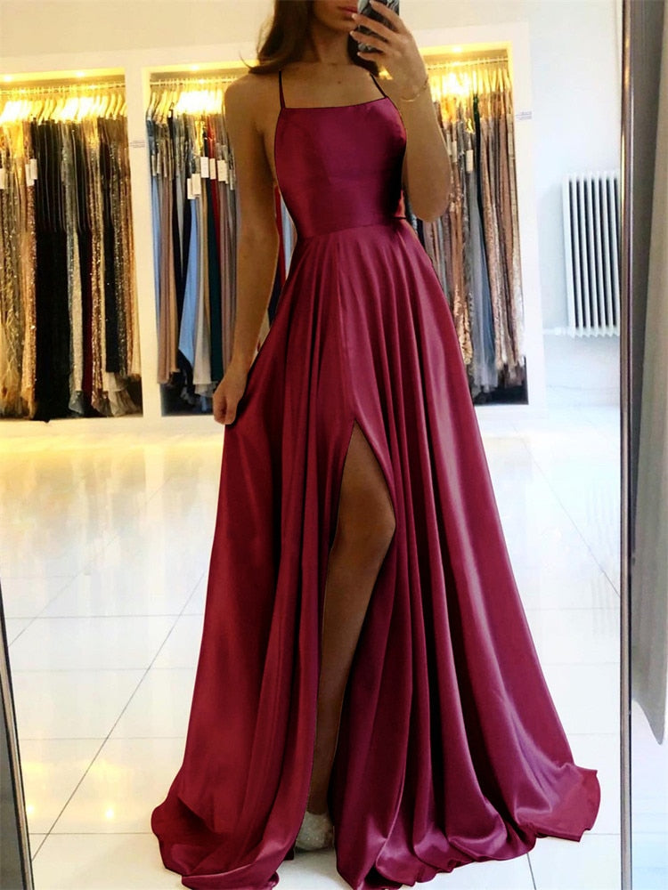Long Dress with spaghetti straps in silky satin