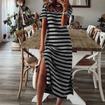 Load image into Gallery viewer, Striped short-sleeved vintage long dress
