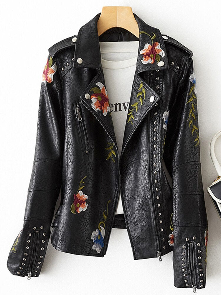New Women Retro Floral Print Embroidery Faux Soft Leather Jacket Coat Turndown