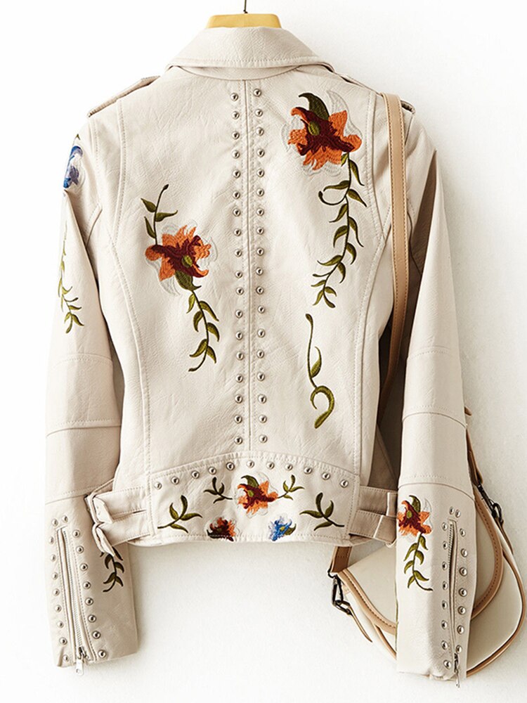 New Women Retro Floral Print Embroidery Faux Soft Leather Jacket Coat Turndown