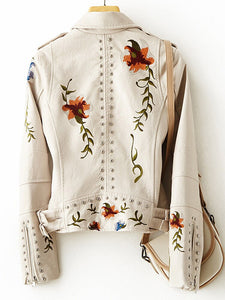 New Women Retro Floral Print Embroidery Faux Soft Leather Jacket Coat Turndown