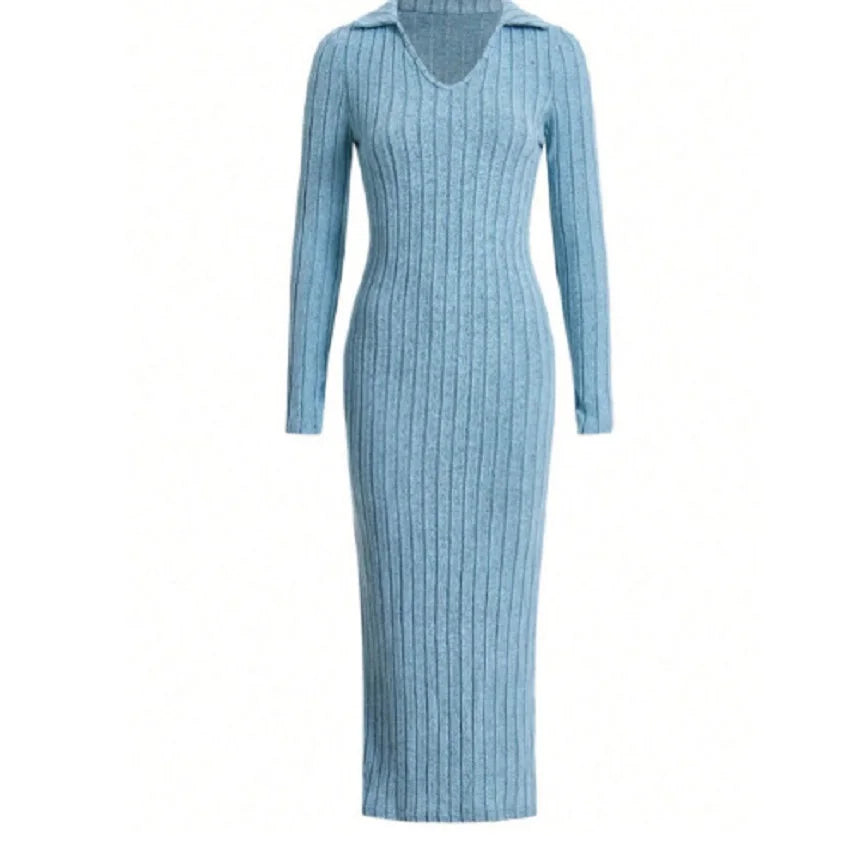 autumn and winter new mesh slim-fit lapel long sleeve pit strip solid color tight dress