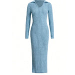 Load image into Gallery viewer, autumn and winter new mesh slim-fit lapel long sleeve pit strip solid color tight dress
