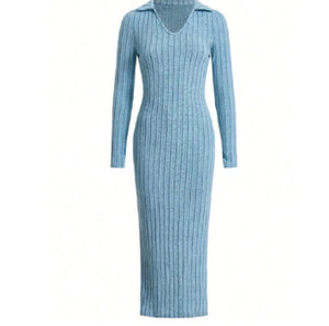 autumn and winter new mesh slim-fit lapel long sleeve pit strip solid color tight dress