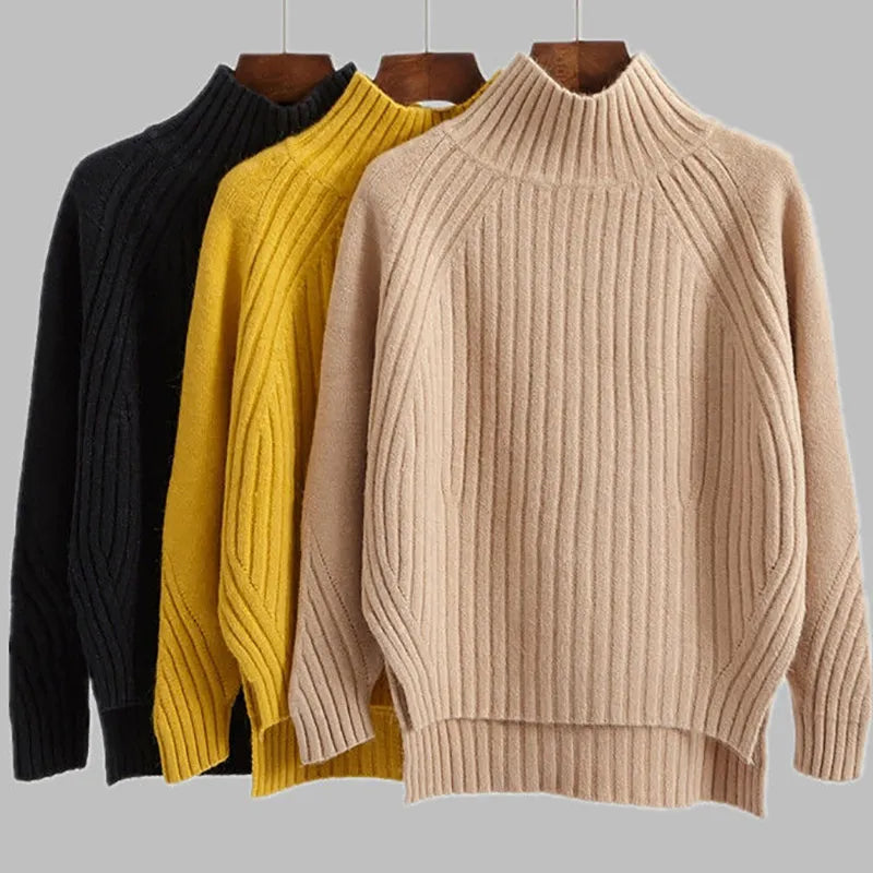HELIAR Women Solid Mock Neck Loose Pullover Sweaters Knit Split Stripe Jumpers Casual Office Sweater For Women 2023 Fall Winter