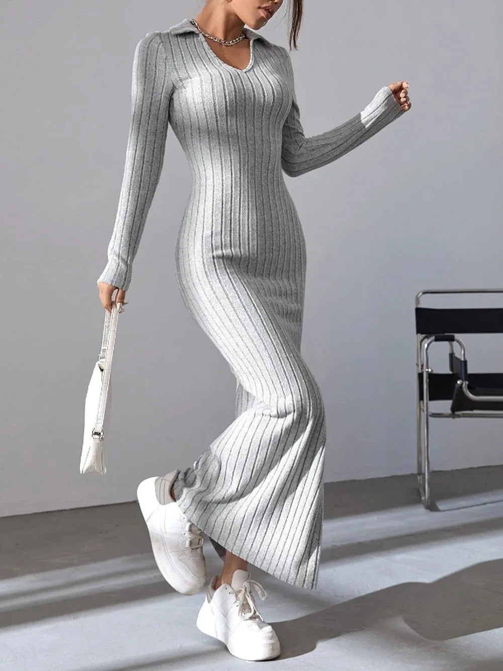 autumn and winter new mesh slim-fit lapel long sleeve pit strip solid color tight dress