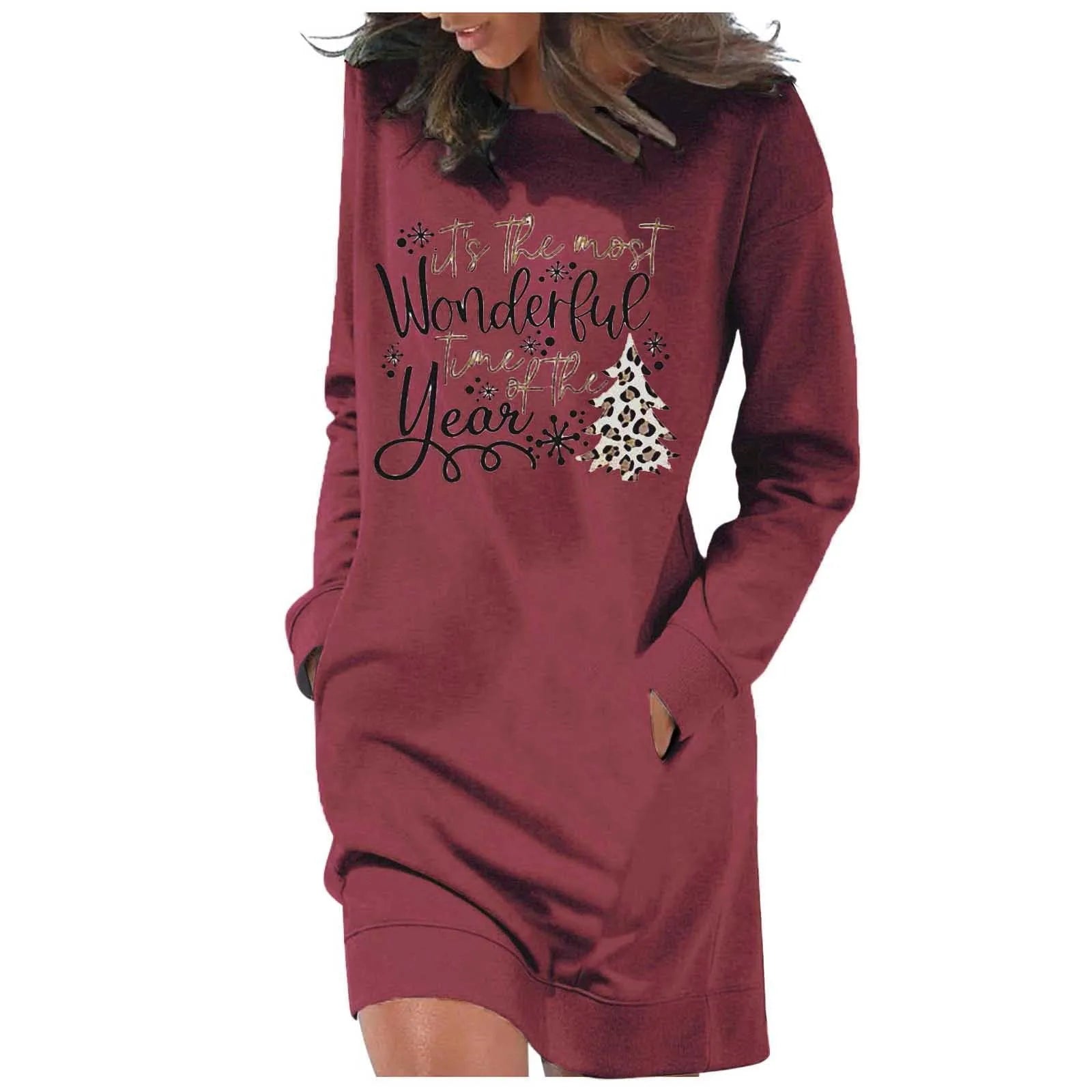 Women's Fashion Christmas Printed Pockets Long Sleeve Pullover Dress