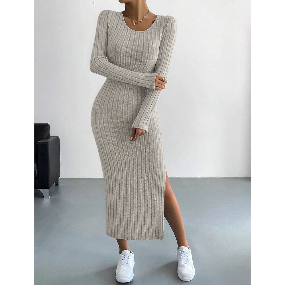 Women's Dresses Autumn Solid Stripe Split Long Sleeve Round Neck Bodycon Full Length Maxi Casual Dresses