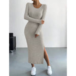 Load image into Gallery viewer, Women&#39;s Dresses Autumn Solid Stripe Split Long Sleeve Round Neck Bodycon Full Length Maxi Casual Dresses
