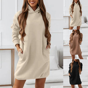 Autumn Winter Long Sleeve Solid Color Hooded Sweatshirt Dress