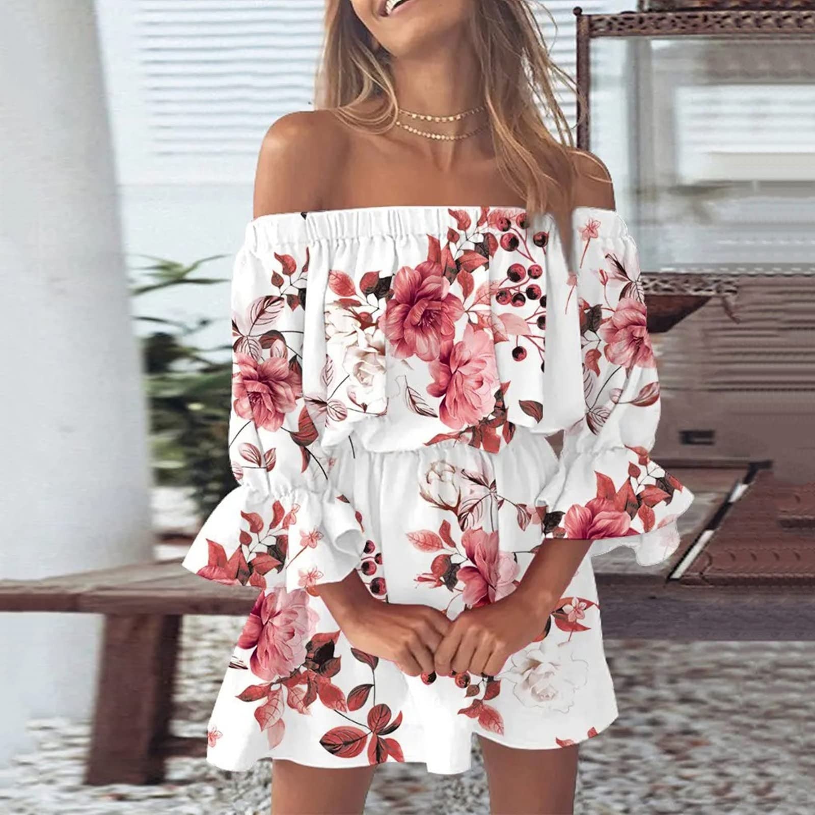 Floral print off shoulder boho dresses