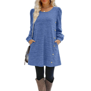 Women's Fashion Round Neck Solid Color Button Long Sleeve Casual Loose Dress