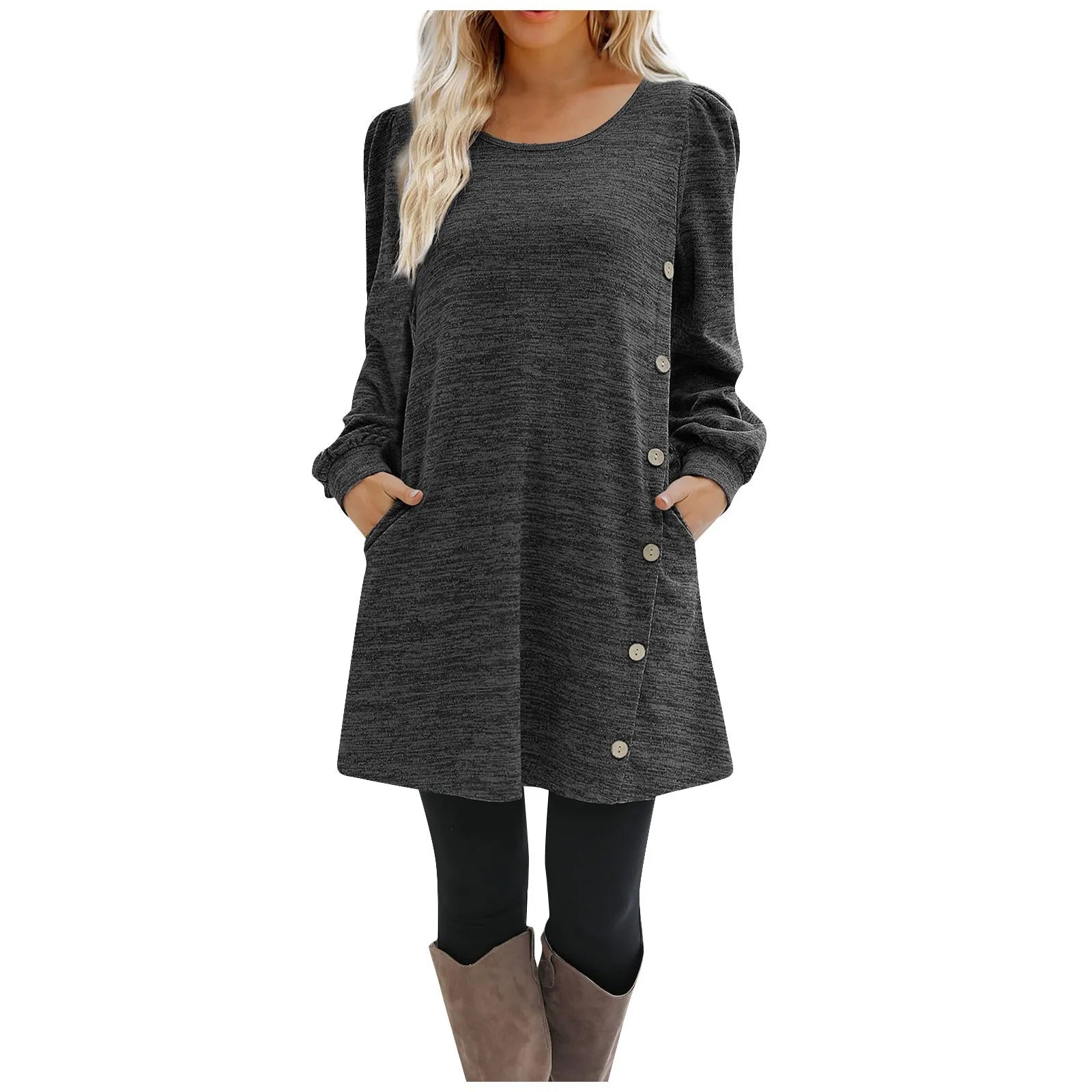 Women's Fashion Round Neck Solid Color Button Long Sleeve Casual Loose Dress