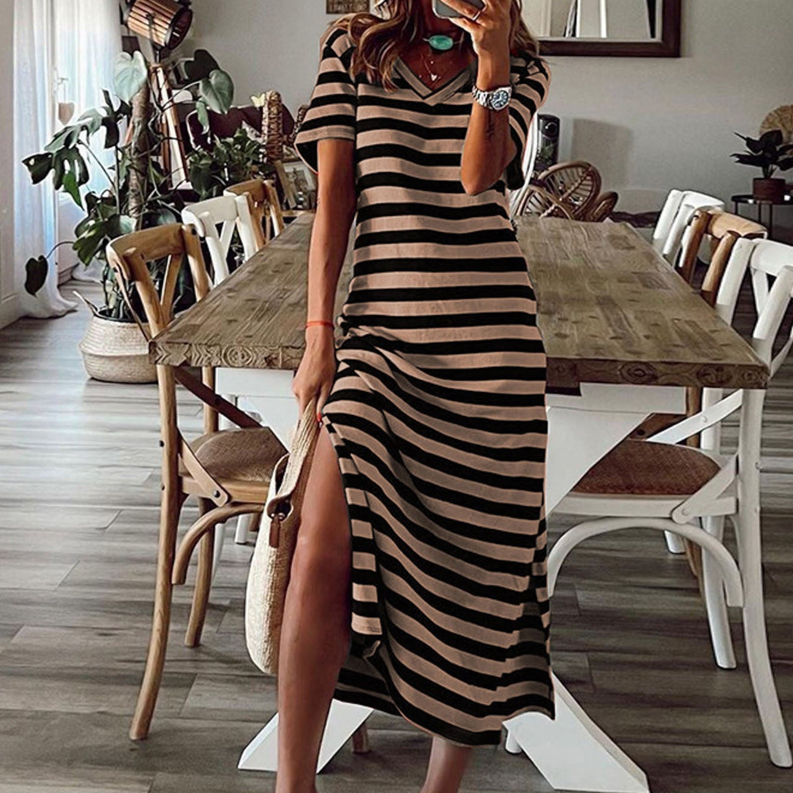 Striped short-sleeved vintage long dress