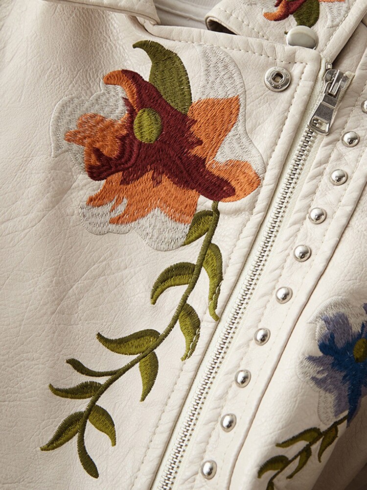 New Women Retro Floral Print Embroidery Faux Soft Leather Jacket Coat Turndown