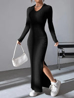 Load image into Gallery viewer, autumn and winter new mesh slim-fit lapel long sleeve pit strip solid color tight dress

