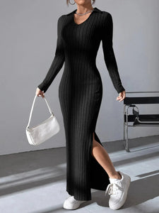 autumn and winter new mesh slim-fit lapel long sleeve pit strip solid color tight dress