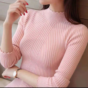 Women Mock Neck Ruffles Sweater Long Sleeve Knitted Bottoming Solid Pullovers Stripe Women Casual Sweater Winter