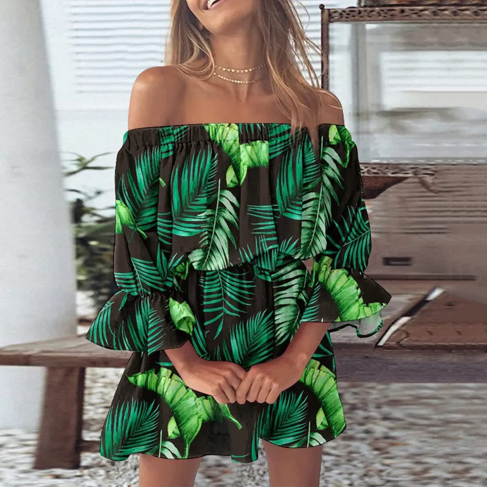 Floral print off shoulder boho dresses