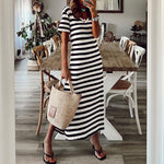 Load image into Gallery viewer, Striped short-sleeved vintage long dress
