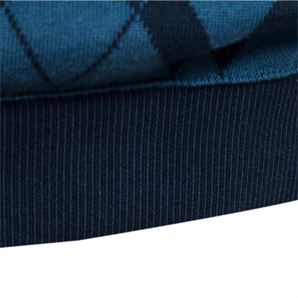 Argyle Men Sweaters Cotton Mock Neck Zipper Patchwork Pullover Men Winter High Quality Fashion Warm Sweaters for Men