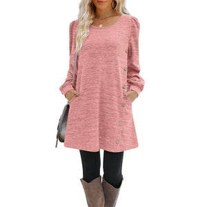 Women's Fashion Round Neck Solid Color Button Long Sleeve Casual Loose Dress