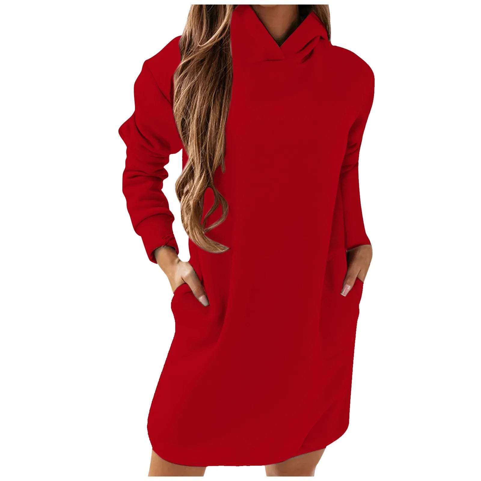 Autumn Winter Long Sleeve Solid Color Hooded Sweatshirt Dress