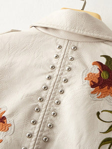 New Women Retro Floral Print Embroidery Faux Soft Leather Jacket Coat Turndown