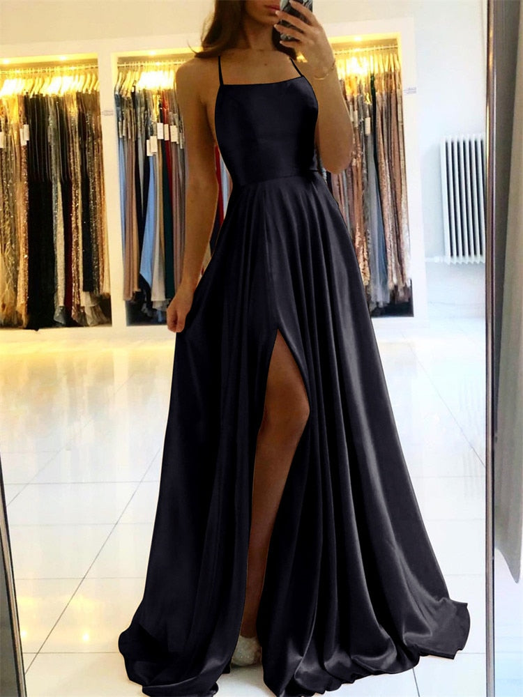 Long Dress with spaghetti straps in silky satin