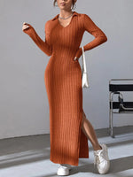 Load image into Gallery viewer, autumn and winter new mesh slim-fit lapel long sleeve pit strip solid color tight dress
