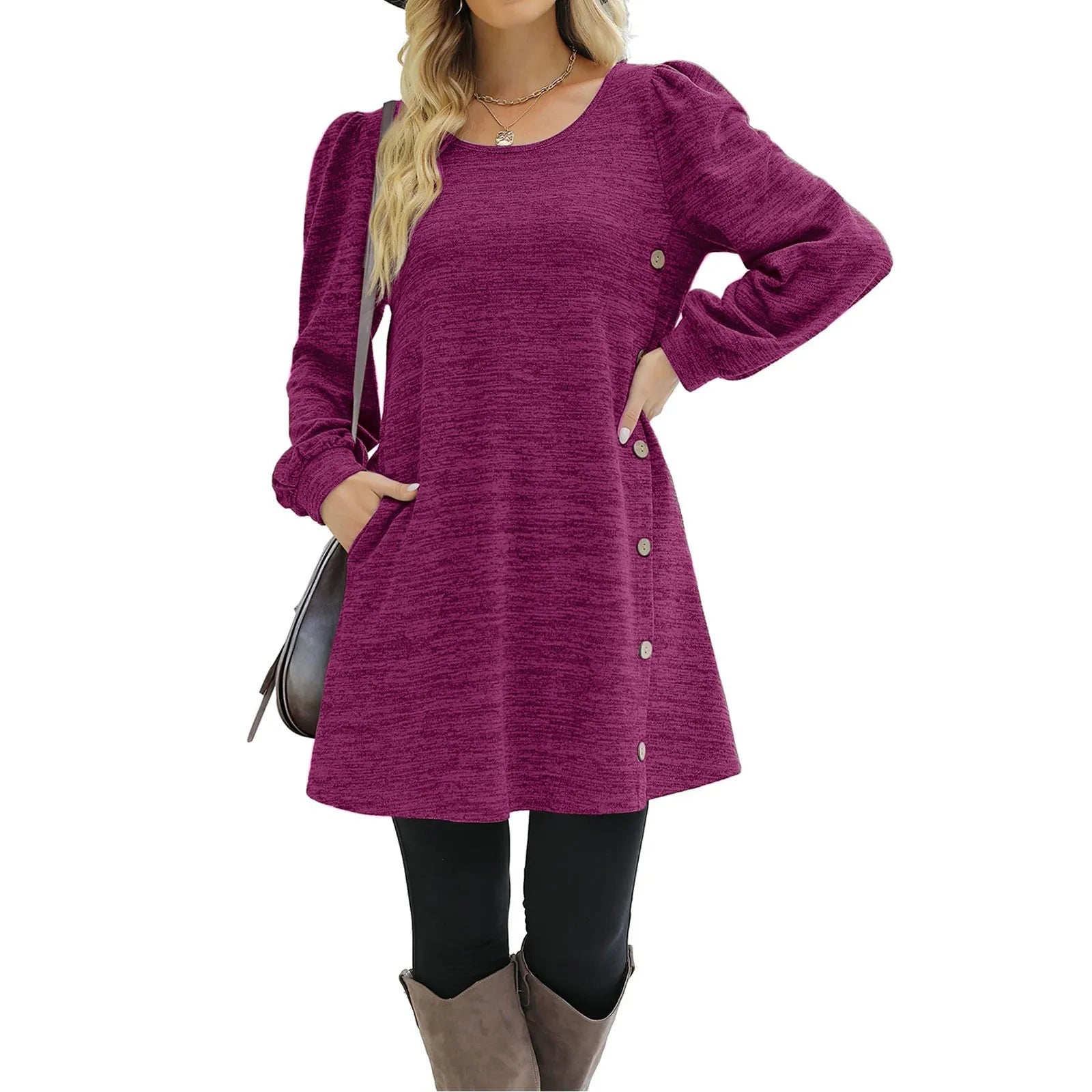 Women's Fashion Round Neck Solid Color Button Long Sleeve Casual Loose Dress