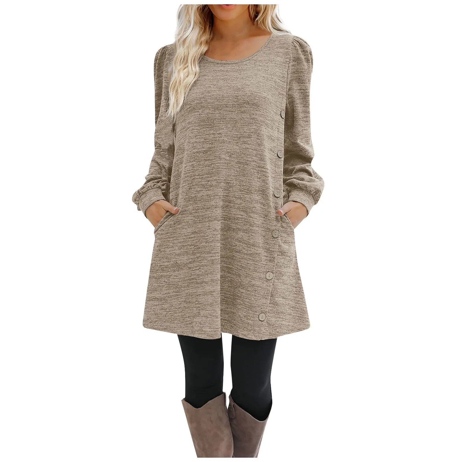 Women's Fashion Round Neck Solid Color Button Long Sleeve Casual Loose Dress