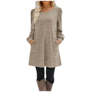 Women's Fashion Round Neck Solid Color Button Long Sleeve Casual Loose Dress